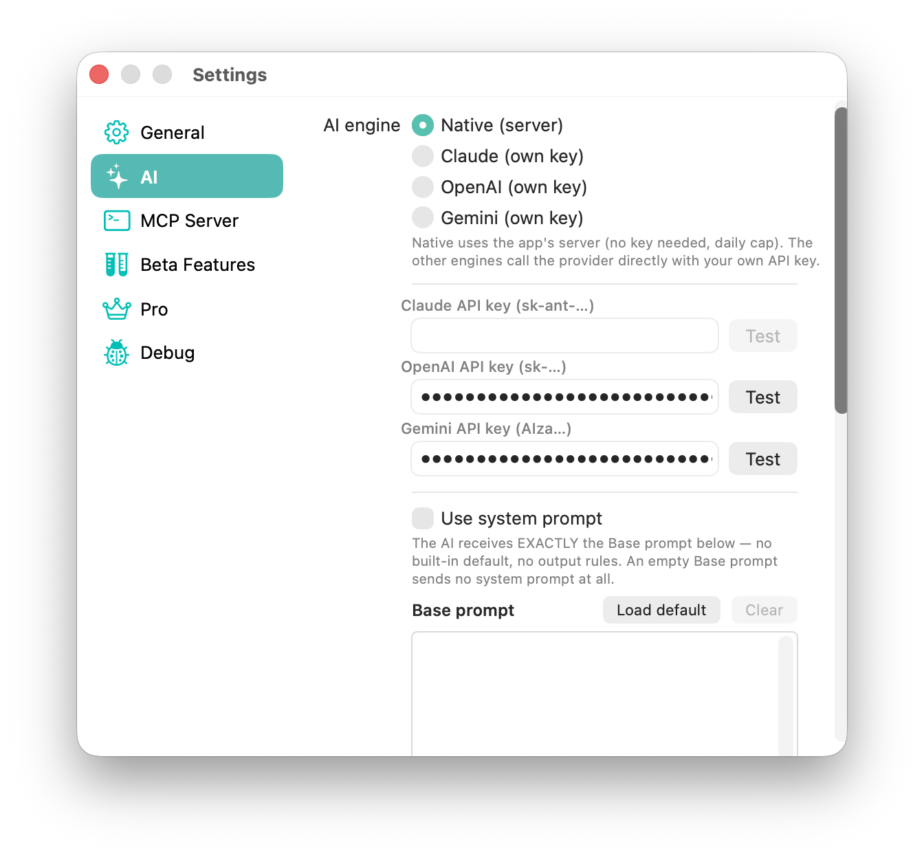AI settings with native server, Claude, OpenAI and Gemini options