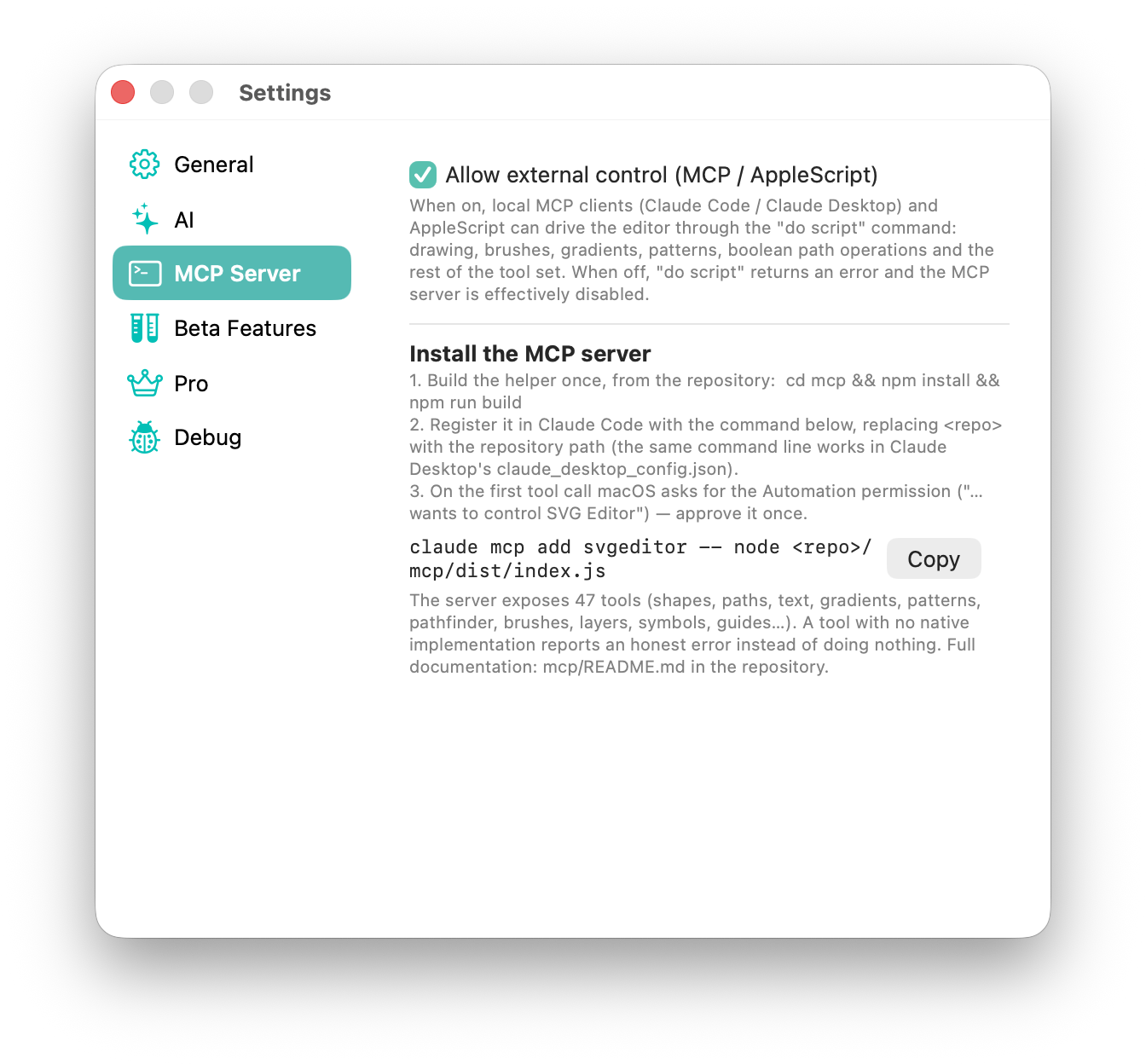 MCP Server settings with external control enabled
