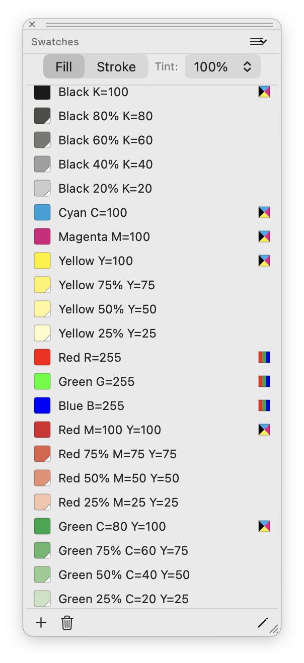 Swatches palette with RGB and CMYK process swatches