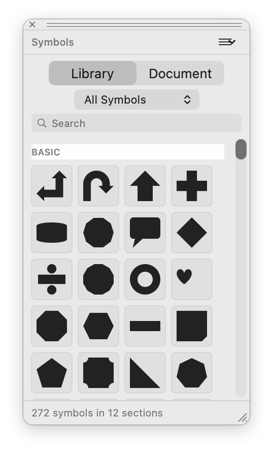 Symbols palette with built-in library symbols