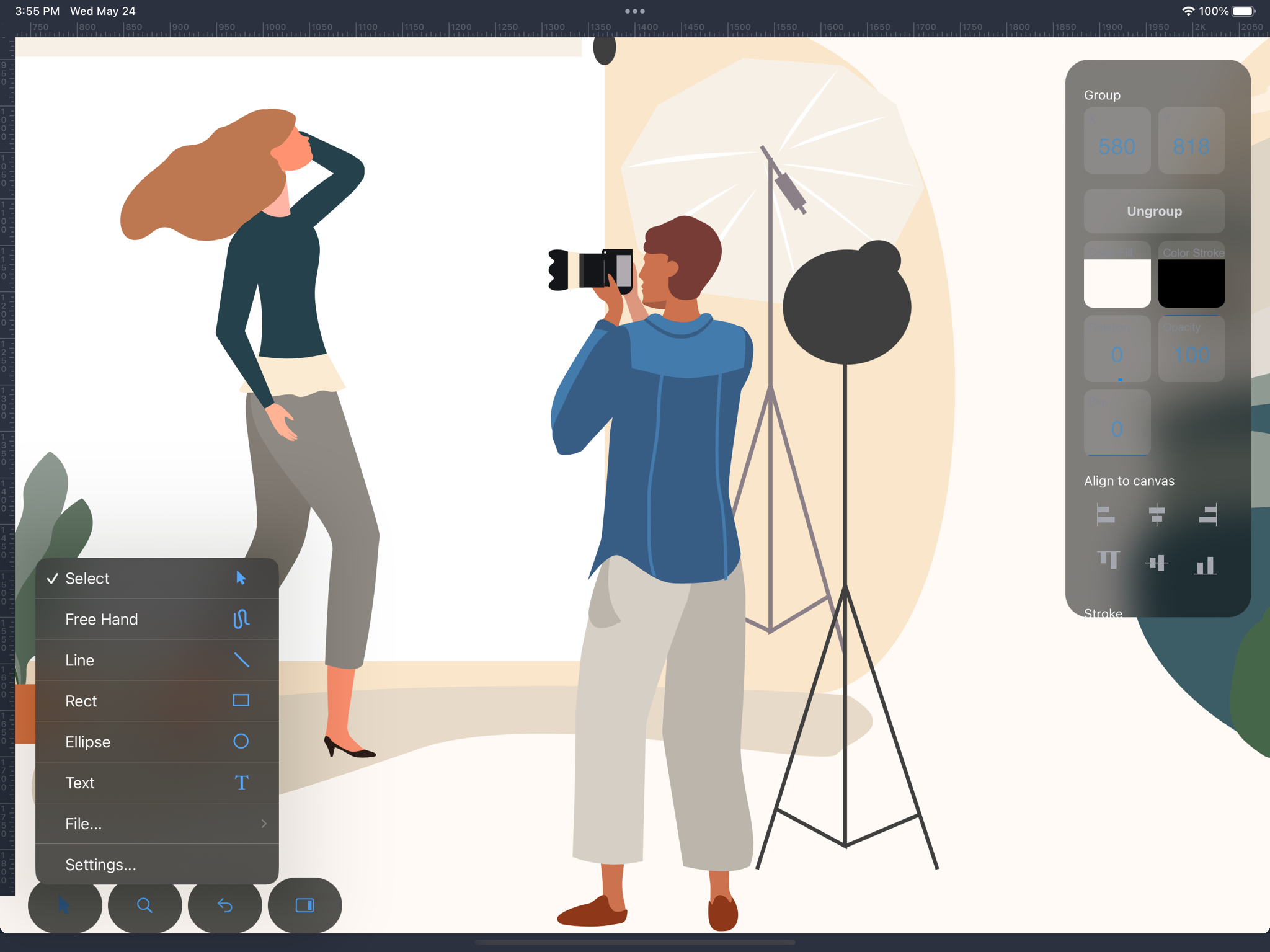SVG Editor on iPad Pro: an illustration open on the canvas with the tool menu and the properties panel