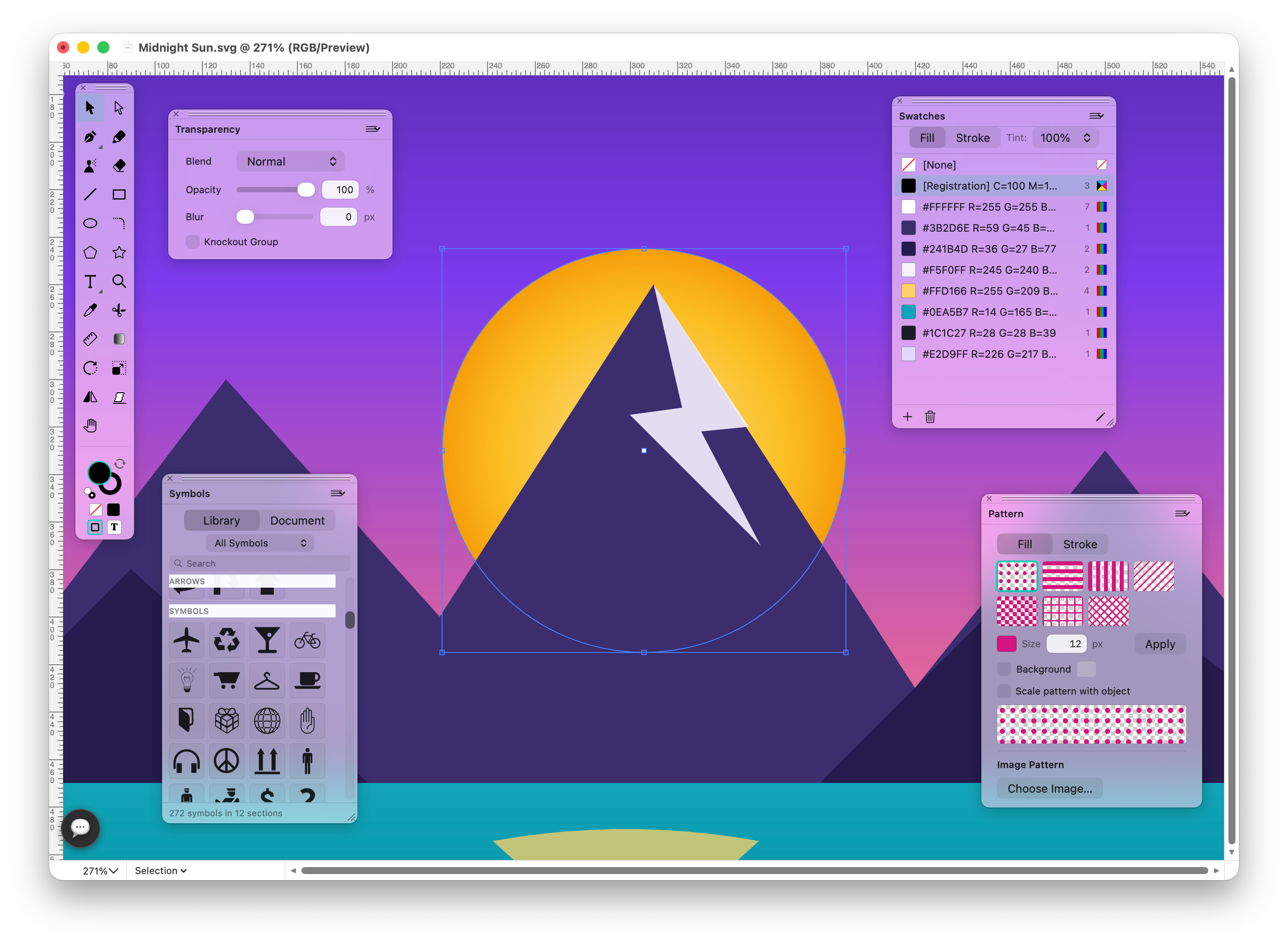 SVG Editor workspace with floating palettes and an illustration open on the canvas